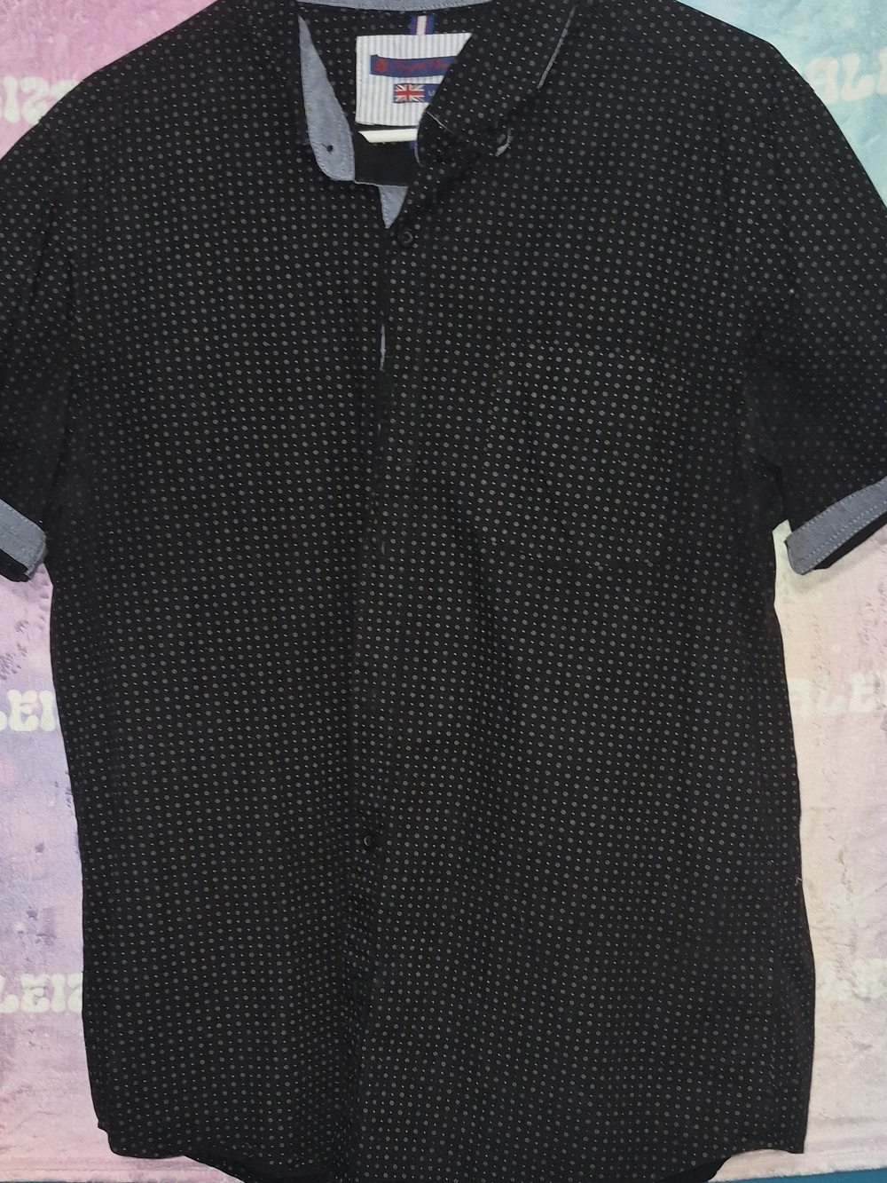 English Laundry Black Short-Sleeve Button-Down Shirt with Micro Dot Accent